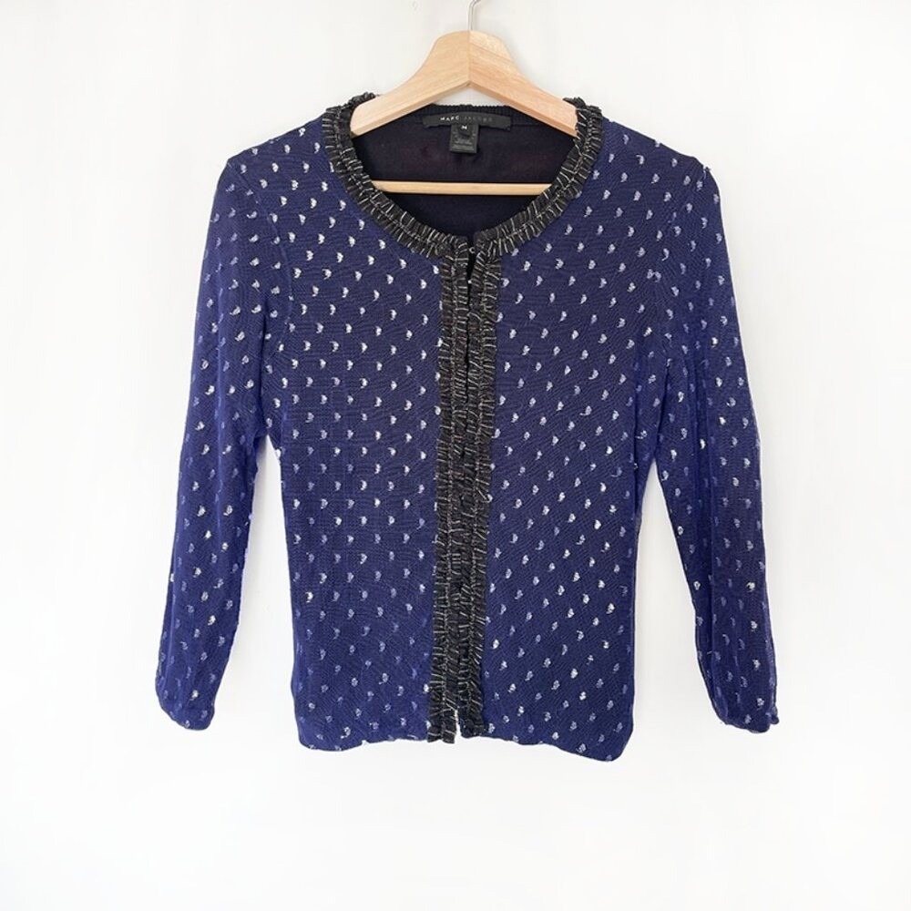 Marc Jacobs Blue and Metallic Silver Ruffle Trim Cardigan Twee Girl Size M